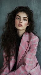 A woman with long hair is wearing a pink jacket and sitting in front of a wall