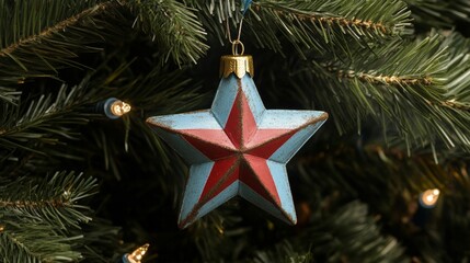 blue and red star ornament with gold accents hanging on a christmas tree, capturing the holiday charm with a light blue and dark crimson star design against an evergreen background, close-up festive