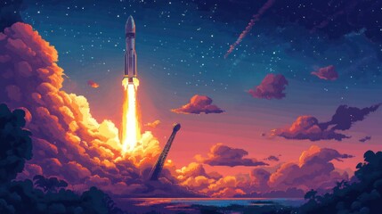 Canvas Print - Rocket Launch at Dusk with a Starry Sky and Clouds