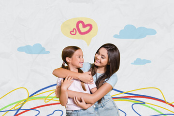 Poster - Composite trend artwork sketch image photo collage of cloud sky family mother daughter schoolgirl cuddle hugs bonding together heart cloud