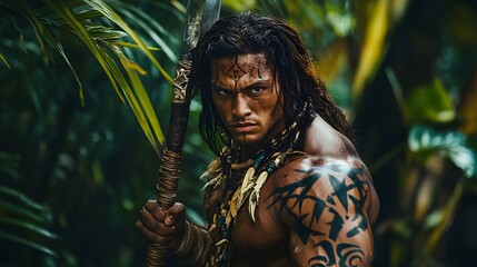 Wall Mural - 1. A fierce jungle warrior adorned with tribal tattoos, holding a spear and standing amidst dense foliage