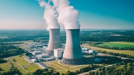 Aerial view of modern nuclear power plant with cooling towers emitting steam against clear blue sky, surrounded by lush green fields, symbolizing clean energy and environmental balance