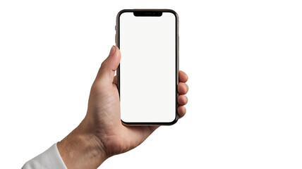 Hand showing smartphone with blank screen isolated on transparent background.