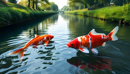 Tranquil canal scene featuring vivid koi fish surrounded by lush greenery and serene waters