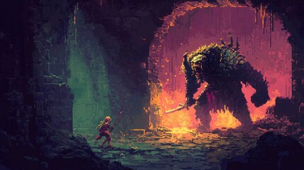 Sticker - A lone warrior confronts a massive, fearsome beast in a shadowy cave entrance.