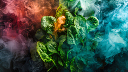 Wall Mural - A bunch of fresh juicy green spinach leaves is wrapped in fashionable stylish colored smoke on a black background. Abstract mystical culinary background