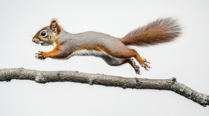 Poster - Red Squirrel Leaping From Branch Against White Background