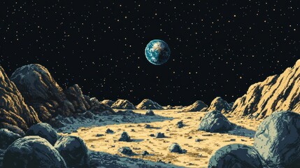 Wall Mural - Pixelated Earthrise from a Rocky Landscape