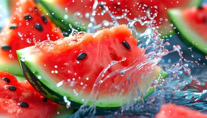 Refreshing summer burst of colorful watermelon pieces and playful splashes