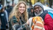 © Nadin Faust - young woman sharing kindness on a new york city street, holding a blanket to donate with an elderly man, in wintertime, as people wait for warm blankets in a cozy green color scheme