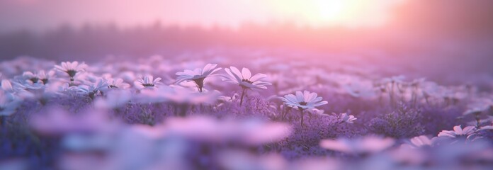 Wall Mural - A field of purple flowers with a pink sun in the background