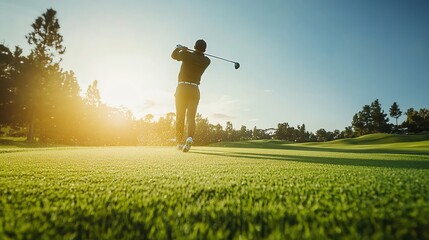 Wall Mural - A golfer swings his club during a golf game, the sun setting in the background.