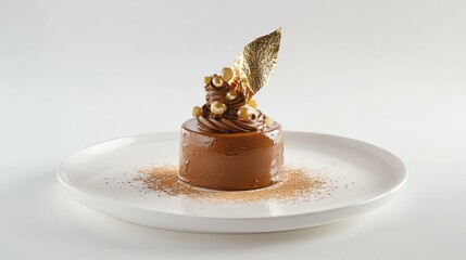 Poster - A close-up of a chocolate mousse dessert topped with gold leaf and dusted with cocoa powder.