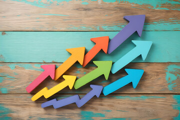 Wooden Bar Graph Showing Growth and Success with multi colors arrows