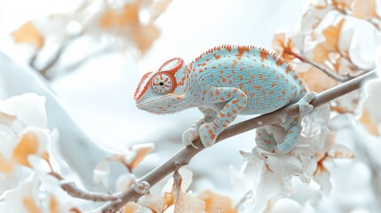 Poster - A Blue Chameleon Perched on a Branch with White Blossoms