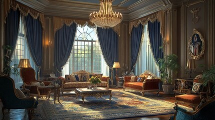 Canvas Print - Ornate Living Room with Gold Accents and Sunlit Windows