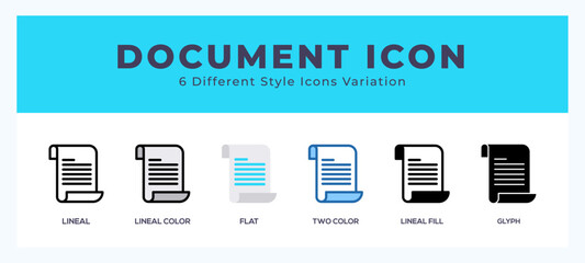 Document icon symbol set. outline. glyph black. flat color and filled line color.