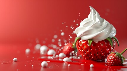 Wall Mural - Strawberries with whipped cream on a red background.