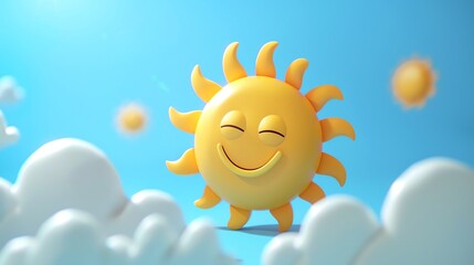 Sticker - A cartoon sun with a smiling face surrounded by clouds.