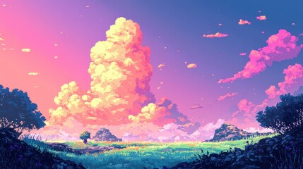 Poster - Pixelated Sunset Landscape with a Giant Cloud