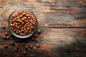 Wall Mural - dry dog food in bowl on wooden background top view with generative ai