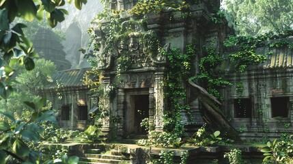 Sticker - A stone temple overgrown with vines and trees in a jungle setting.