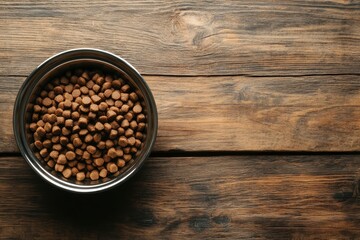 Wall Mural - dry dog food in bowl on wooden background top view with generative ai