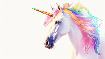 Sticker - A white unicorn with a rainbow mane and horn, against a white background.