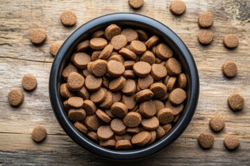 Sticker - dry dog food in bowl on wooden background top view with generative ai