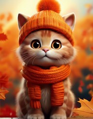 Canvas Print - Cute Cartoon Cat in a Fall Orange Hat and Scarf 