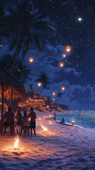 Wall Mural - casual new year's beach party with lanterns and starry sky