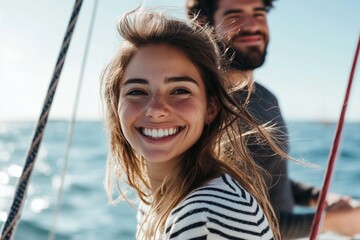 Wall Mural - A woman and man are smiling on a boat in the ocean