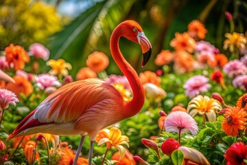 Wall Mural - Pink flamingo amidst vibrant flower garden