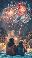 Wall Mural - joyful outdoor new year celebration with fireworks in snowy park