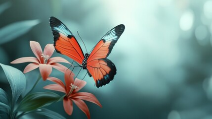 Poster - A Monarch Butterfly in Flight Near a Pink Flower