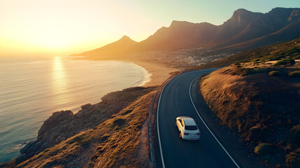 One car in dynamic moving on the mountains road. Beautiful landscape and seascape background in sunset time. Drone view