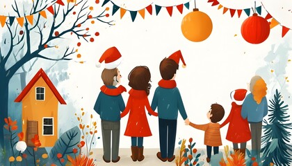 Joyful family reunion celebration illustration with vibrant festive background and heartfelt message on bright white backdrop