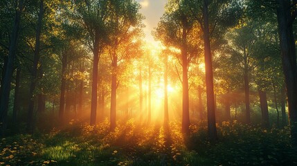 Wall Mural - Golden Light Filtering Through Trees in a Foggy Forest