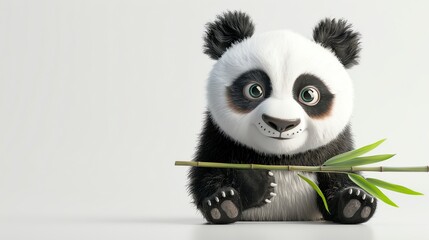 Canvas Print - A cute cartoon panda holding a stick of bamboo on a white background.