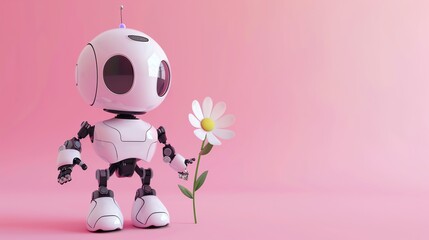 Sticker - A cute robot holding a daisy on a pink background.