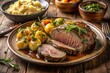© Sandra - Tender slices of slow-cooked beef, golden-brown roasted vegetables, and savory mashed potatoes adorn a beautifully presented roast beef dinner plate, a culinary delight for the senses.