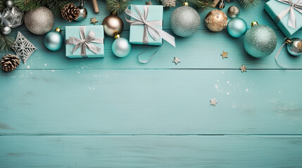 Wall Mural - Top view of gifts, bows and Christmas decorations on a light cyan wooden background