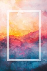 Wall Mural - A soft watercolor sunset background with a floating frame