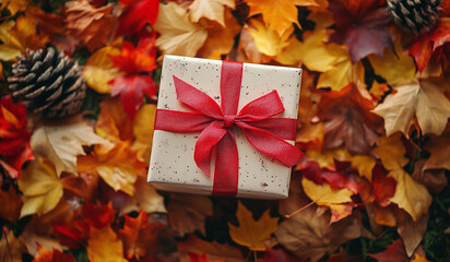 Canvas Print - gift box on falling autumn leaves background