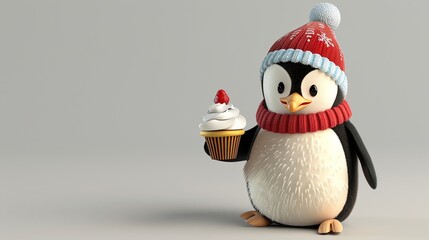 Canvas Print - A cartoon penguin wearing a Santa hat and scarf, holding a cupcake on a white background.