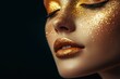 © MUdaylah - Fashion portrait of beautiful woman with golden make-up on dark background with generative ai