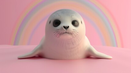 Canvas Print - A cute cartoon seal pup with a rainbow in the background.