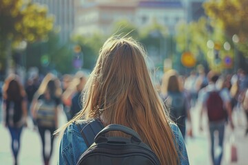 Canvas Print - Dolly out from the student's face to reveal the blurred background of the bustling university campus, symbolizing the feeling of being lost in the crowd. , background blur