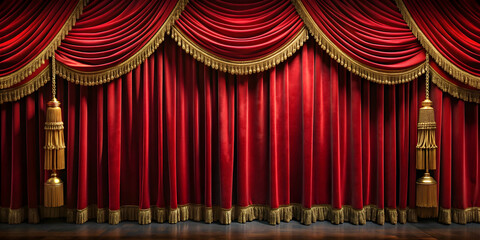 Theater curtain with red velvet material, gold fringe, and intricate tassels, theater, curtain, stage, red, velvet, fabric