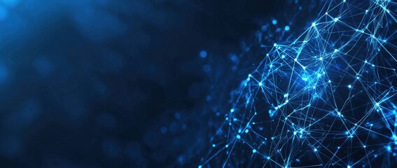 A blue background with a network of lines and dots